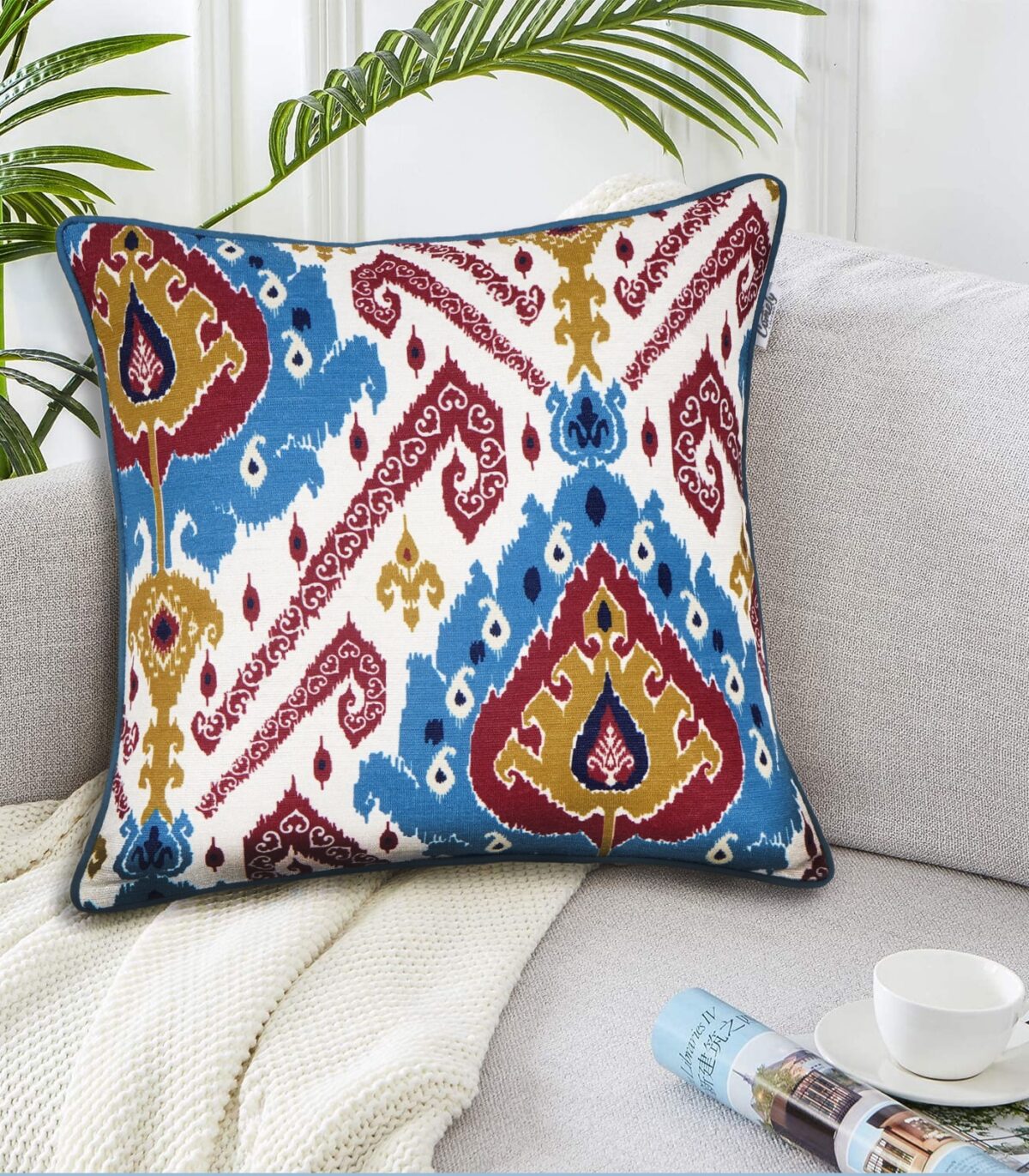 IKAT Printed Cushion Cover in vibrant colors, 40×40 cm, made of Shaneel fabric, perfect decorative pillow for sofa, bed, and couch IKAT Printed Cushion Cover – 40×40 cm Shaneel Fabric Decorative Pillow for Sofa, Bed & Couch